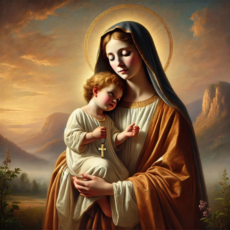 DALL·E 2025-01-08 15.07.54 - A naturalistic and serene painting of Our Lady of Mount Carmel, depicted with a graceful and compassionate expression. She is wearing a flowing brown