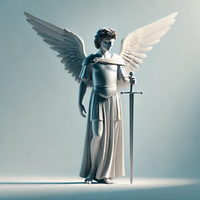 DALL·E 2025-01-08 15.17.14 - A simple and serene depiction of Saint Michael the Archangel, shown standing in a calm and upright pose. He wears modest silver armor with minimal dec